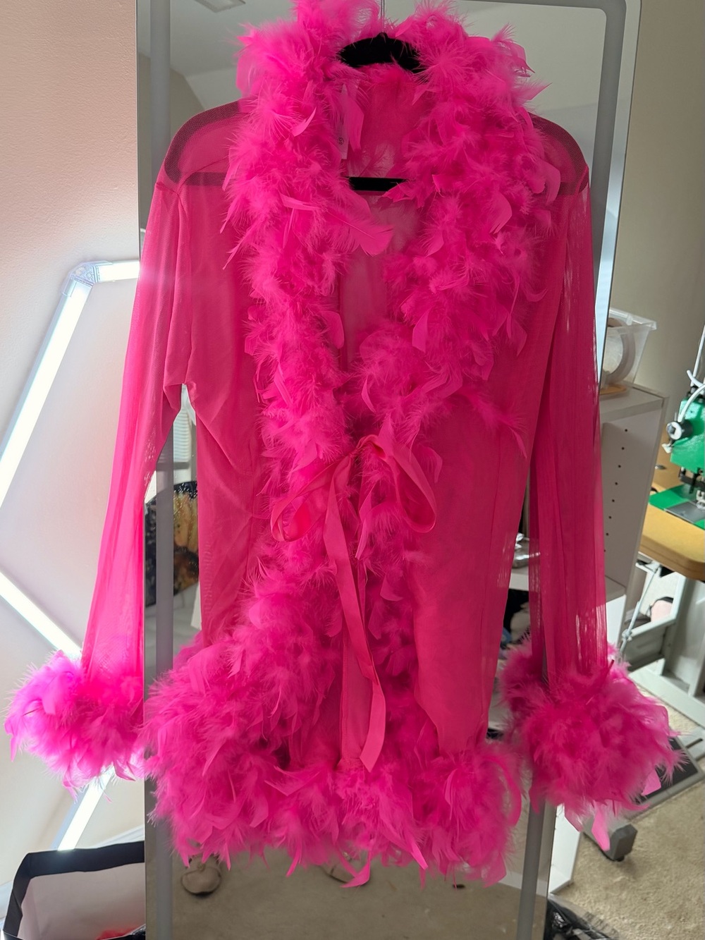 Hot Pink Feather Trim Sheer Robe with Satin Tie - Picture 2 of 12
